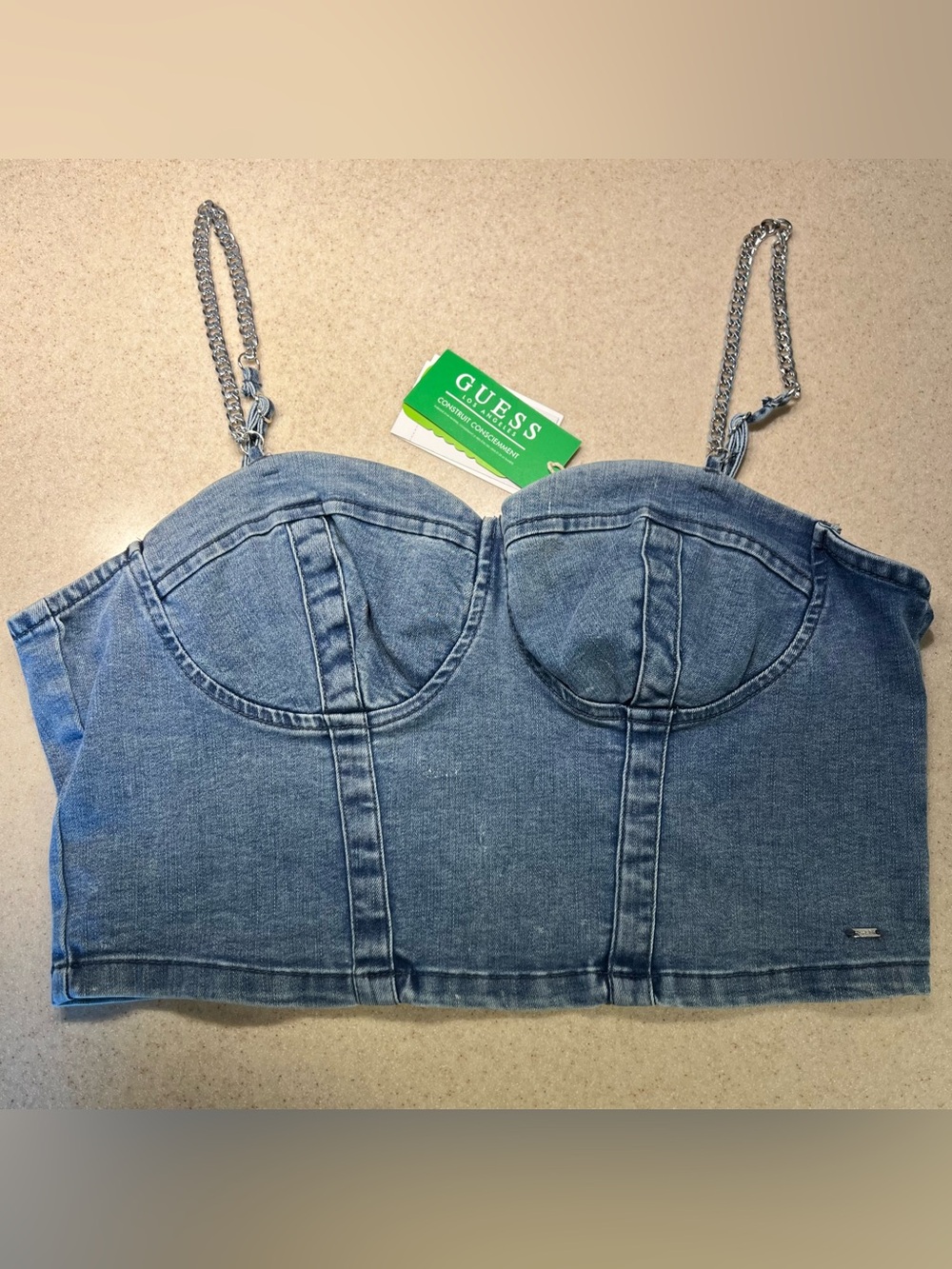 Guess NEW Denim Bustier Jean Crop Top Chainlink Straps XL Cowgirl Western